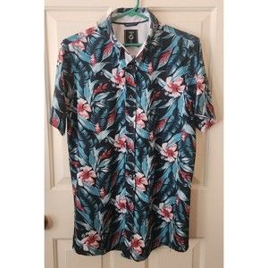 Fried Denim Shirt Men Size Medium Hawaiian Tropical Floral Slim Fit